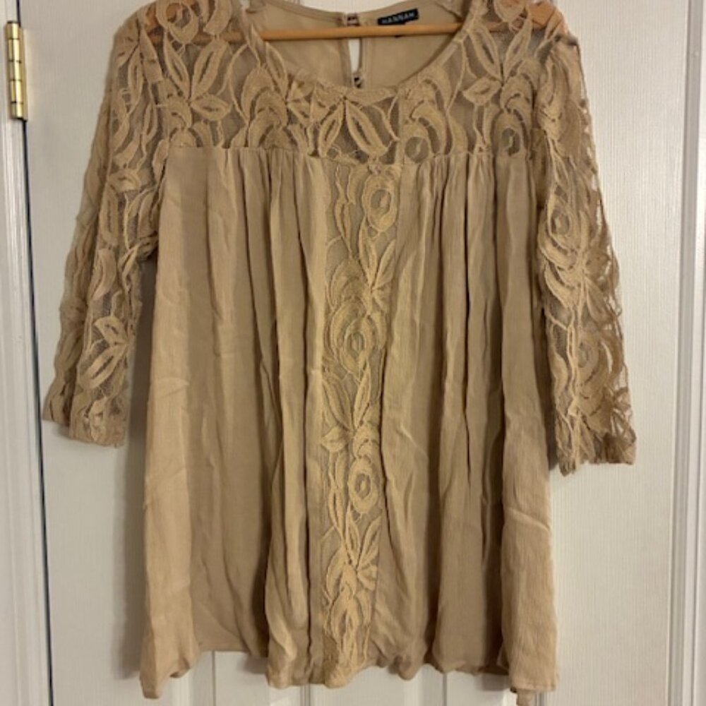 Hannah Women's Tan Beige w Lace Short Sleeve Flowy Boho Peasant Top Blouse Sz L